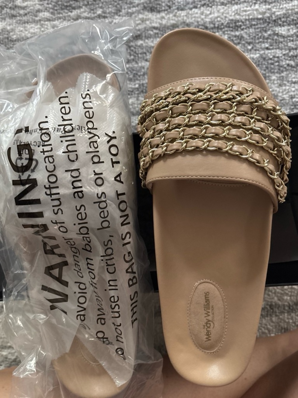 Women's New in box Nude Slide Sandals with Gold Chain Detail